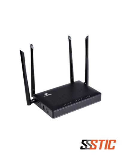 ONU XPON V-SOL V2804AC-Z en color blanco con cuatro puertos LAN Gigabit Ethernet amarillos, un puerto USB 3.0, puerto óptico SCUPC azul, botón de encendido físico y cuatro antenas externas orienta