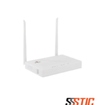 ONU XPON V-SOL V2804N-Z HGU en color blanco con cuatro puertos LAN Gigabit Ethernet amarillos, puerto óptico SCUPC azul, botón de encendido físico, conector de alimentación DC y dos antenas extern