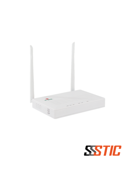 ONU XPON V-SOL V2804N-Z HGU en color blanco con cuatro puertos LAN Gigabit Ethernet amarillos, puerto óptico SCUPC azul, botón de encendido físico, conector de alimentación DC y dos antenas extern