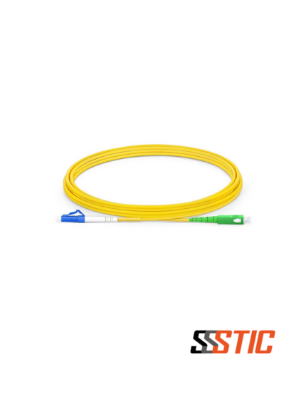 Patch cord de fibra óptica monomodo híbrido con conector compacto LCUPC azul y conector SCAPC verde, chaqueta amarilla LSZH de 3.0 mm de diámetro