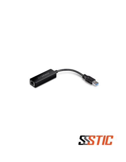 Adaptador de red USB 3.0 a Ethernet RJ45 Gigabit TRENDnet TU3-ETG compacto en color negro.