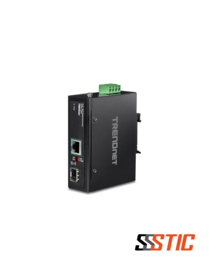 Convertidor de medios industrial SFP a Ethernet Gigabit PoE+ de 30W TRENDnet TI-PF11SFP en chasis IP30 para Riel DIN.