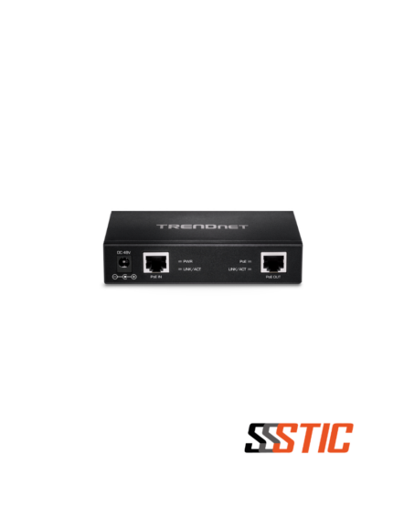 Extensor de red Gigabit PoE+ TRENDnet TPE-E110 montable en pared con puertos RJ45 de entrada y salida.