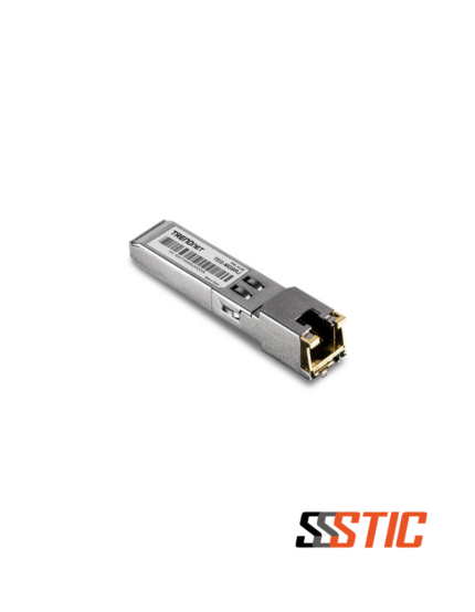 Módulo transceptor SFP Gigabit a puerto RJ45 de cobre 1000BASE-T TRENDnet TEG-MGBRJ en carcasa metálica.