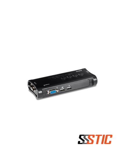 Switch KVM de escritorio TRENDnet TK-407K de 4 puertos VGA y USB con cables de conexión incluidos.