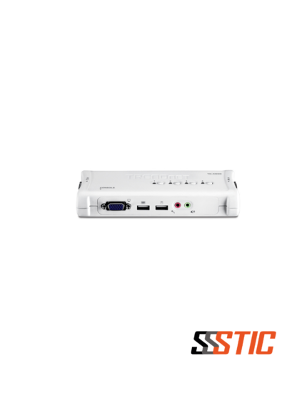 Switch KVM de escritorio TRENDnet TK-409K de 4 puertos VGA, USB y audio con cables incluidos.