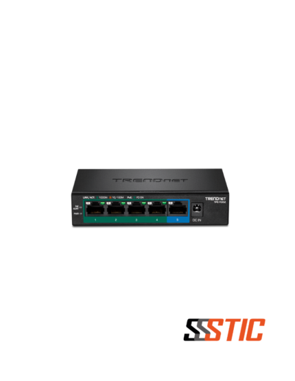 Switch PoE+ de 5 puertos Gigabit TRENDnet TPE-TG52 en chasis metálico compacto para montaje en pared.
