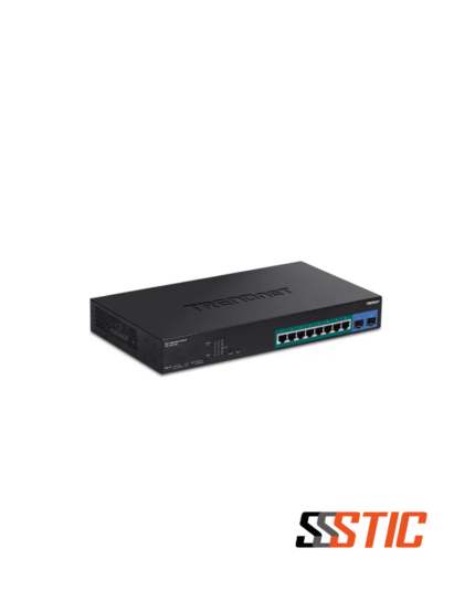 Switch Web Smart administrable TRENDnet TPE-1021WS de 8 puertos Gigabit PoE+ con 2 ranuras SFP y chasis montable en rack.