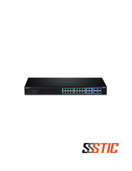 Switch Web Smart administrable TRENDnet TPE-1620WSF de 16 puertos Gigabit PoE+ con 4 puertos combo RJ45/SFP.