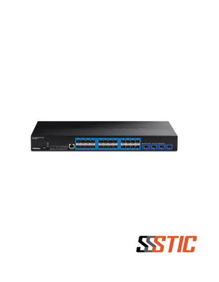 Switch administrable Capa 2 de fibra óptica TRENDnet TL2-F70284 con 24 puertos SFP y 4 puertos SFP+ 10G.