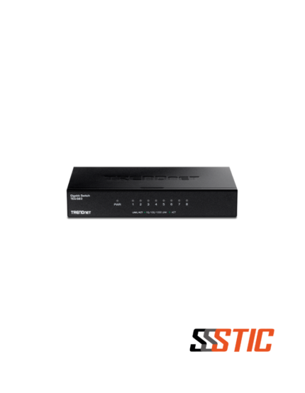 Switch de red Gigabit Ethernet no administrable de 8 puertos TRENDnet TEG-S83 en chasis metálico.