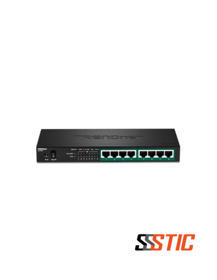 Switch de red Gigabit PoE+ no administrable de 8 puertos TRENDnet TPE-TG83 en chasis metálico compacto.