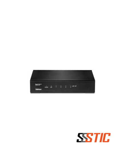 Switch de red no administrable TRENDnet TEG-S51SFP de 4 puertos Gigabit y 1 ranura SFP en chasis de metal compacto.