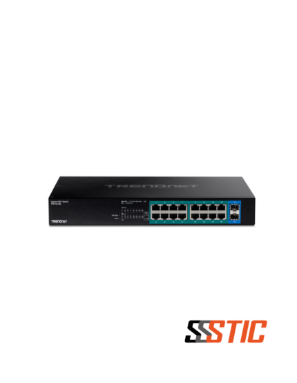 Switch de red no administrable TRENDnet TPE-TG182 de 16 puertos Gigabit PoE+ con 240W y 2 ranuras SFP.