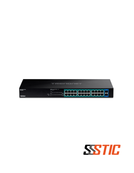 Switch de red no administrable TRENDnet TPE-TG262 de 24 puertos Gigabit PoE+ con 380W y 2 ranuras SFP.