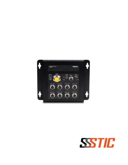 Switch industrial M12 PoE+ Gigabit de 8 puertos TRENDnet TI-TPG80 con chasis reforzado IP40 y certificación ferroviaria EN 50155.
