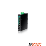 Switch industrial administrable para riel DIN TRENDnet TI-PG541 con 4 puertos Gigabit PoE+, 1 RJ45 y 1 slot SFP.