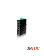 Switch industrial administrable para riel DIN TRENDnet TI-PG541 con 4 puertos Gigabit PoE+, 1 RJ45 y 1 slot SFP.