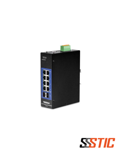 Switch industrial administrado Capa 2 TRENDnet TI-G102i de 8 puertos Gigabit y 2 ranuras SFP en chasis IP30 para Riel DIN.