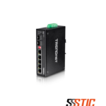 Switch industrial no administrable TRENDnet TI-G62 de 5 puertos Gigabit con 2 ranuras SFP en chasis metálico IP30 para Riel DIN.