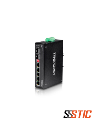 Switch industrial no administrable TRENDnet TI-G62 de 5 puertos Gigabit con 2 ranuras SFP en chasis metálico IP30 para Riel DIN.