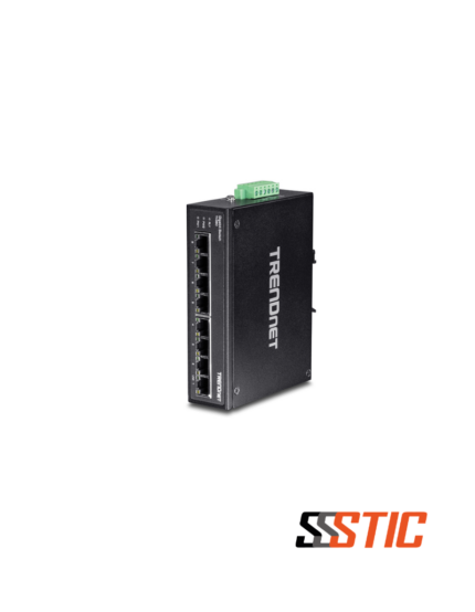 Switch industrial no administrable para riel DIN TRENDnet TI-G80 con 8 puertos Gigabit RJ45 y carcasa metálica IP30.