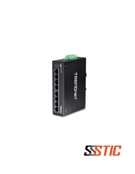 Switch industrial no administrable para riel DIN TRENDnet TI-PG80 con 8 puertos Gigabit PoE+ y carcasa IP30.
